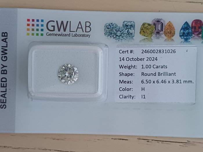 Ingen mindstepris - 1 pcs Diamant  (Natur)  - 1.00 ct - Rund - H - I1 - Gemewizard Gemological Laboratory (GWLab)