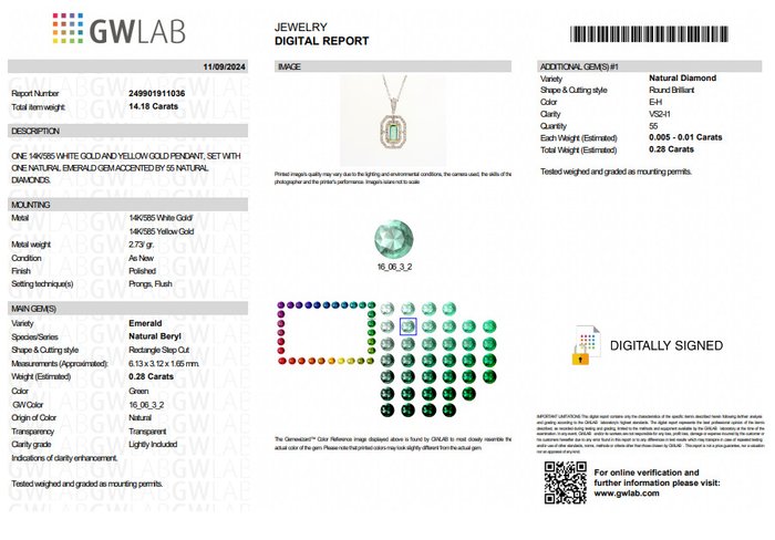 Halskæde med vedhæng - 14 karat Gulguld Hvidguld -  056ct tw Smaragd - Diamant
