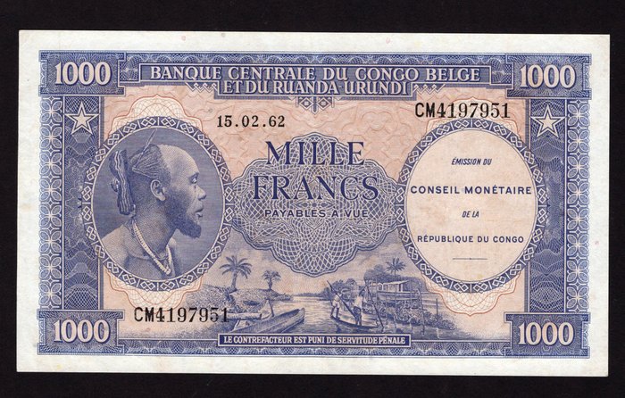 Congo. - 1000 Francs 1962 - Pick 2a  (Ingen mindstepris)