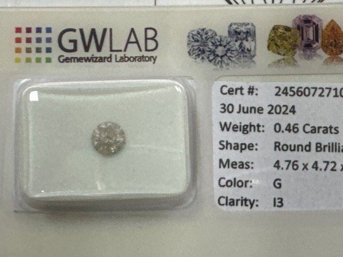 Ingen mindstepris - 1 pcs Diamant  (Natur)  - 0.46 ct - Rund - G - I3 - Gemewizard Gemological Laboratory (GWLab) - G i3