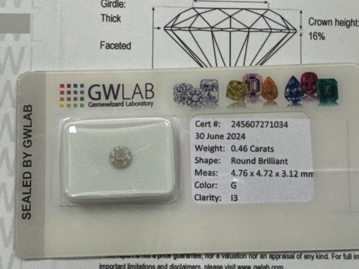 Ingen mindstepris - 1 pcs Diamant  (Natur)  - 0.46 ct - Rund - G - I3 - Gemewizard Gemological Laboratory (GWLab) - G i3