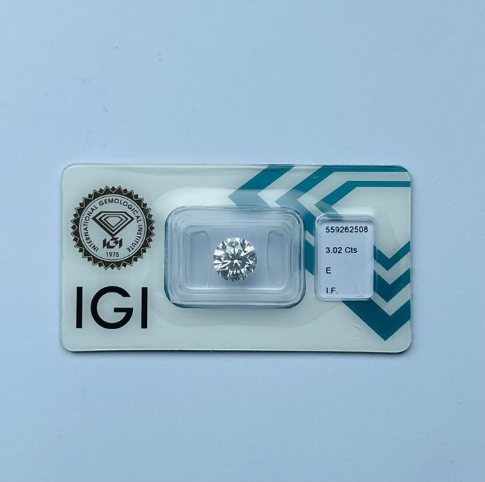 1 pcs Diamant  (Natur)  - 3.02 ct - Rund - E - IF - International Gemological Institute (IGI)