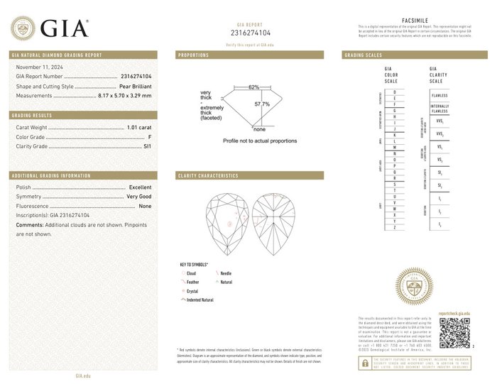 1 pcs Diamant  (Natur)  - 1.01 ct - Pære - F - SI1 - Gemological Institute of America (GIA)