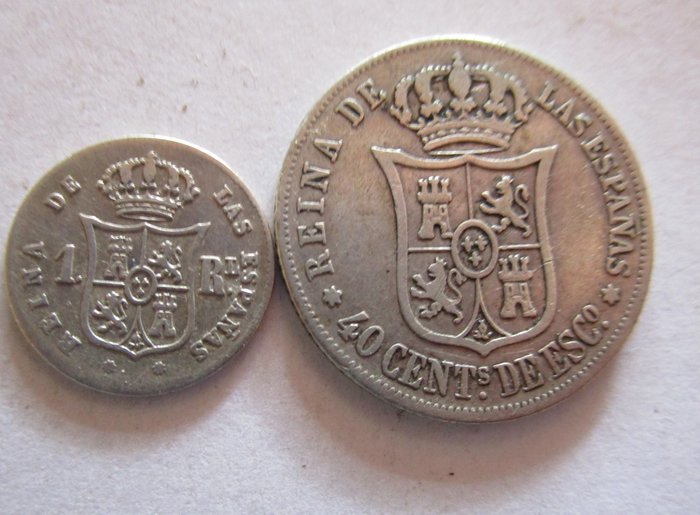 Spanien Isabel II (1833-1868) 1 Real y 40 céntimos de Escudo Barcelona 1857 y Madrid 1868 (2 monedas)  (Ingen mindstepris)