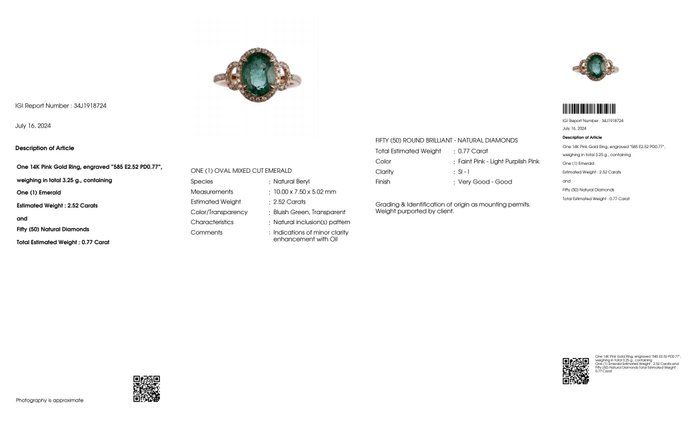 Ingen mindstepris - Ring - 14 karat Rosaguld -  329ct tw Smaragd - Diamant - IGI 252 ct mindre olieret