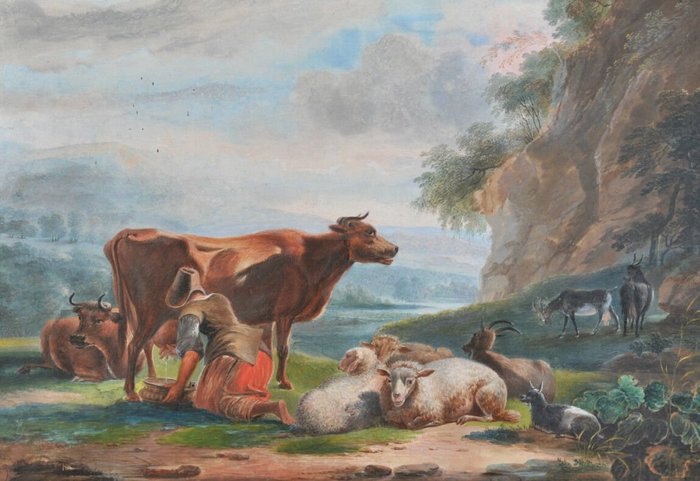 Europæisk skole (XIX) - Young girl is milking a cow antique painting 1859