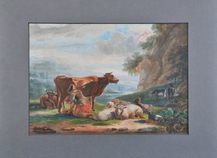 Europæisk skole (XIX) - Young girl is milking a cow antique painting 1859