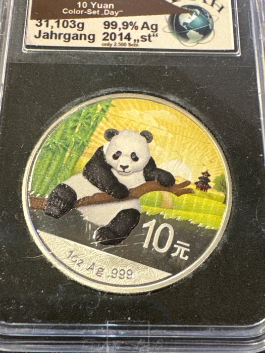 Kina. 10 Yuan 2014 'Panda' Day  - 1 oz I’m Slab  (Ingen mindstepris)