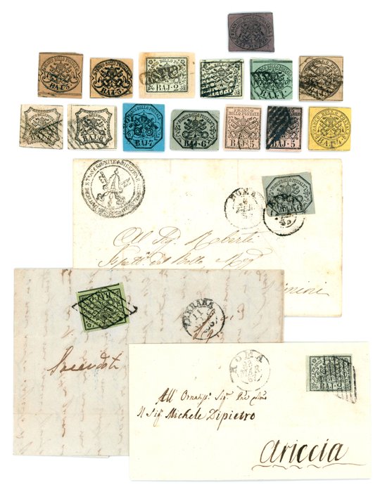 Antikke Italienske Stater - Kirkestaten 1852 - Pavelige Stater - überkomplette 1. Ausgabe 1/2 Baj bis 8 Baj, Mi.Nr. 1 bis 9 mit 3 Briefen und verschiedenen Farben