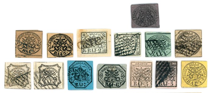 Antikke Italienske Stater - Kirkestaten 1852 - Pavelige Stater - überkomplette 1. Ausgabe 1/2 Baj bis 8 Baj, Mi.Nr. 1 bis 9 mit 3 Briefen und verschiedenen Farben