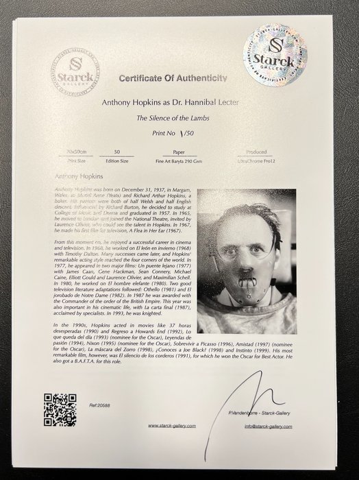 Ondskabens øjne, - Anthony Hopkins as Dr. Hannibal Lecter - Fine Art Photography - Luxury Wooden Framed 70X50 cm - Limited Edition Nr 06 of 50 - Serial ID 20588 - Original Certificate (COA), Hologram Logo Editor and QR Code - 100% New items.