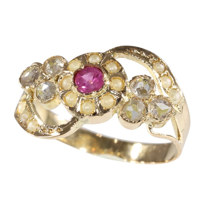 Ingen mindstepris - Ring - 18 kraat Gulguld, Rosaguld -  0.18ct. tw. Rubin - Diamant - Perle - Antik, 1880