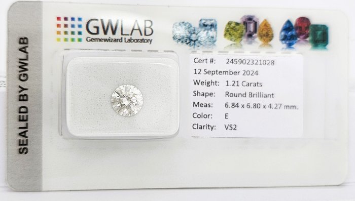 1 pcs Diamant  (Natur)  - 1.21 ct - Rund - E - VS2 - Gemewizard Gemological Laboratory (GWLab)