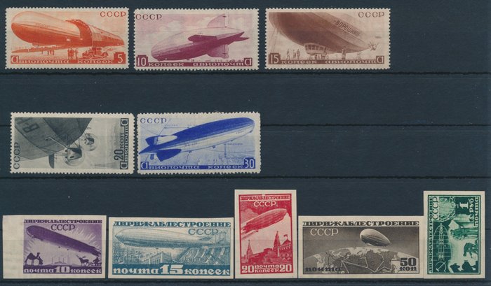 Sovjetunionen 1931/1934 - Zeppelin 2 komplette sæt (luftskibskonstruktion og luftskibe) - Michel Nr 397- 400 C und 483-487