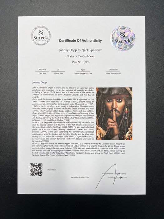 Pirates of the Caribbean, Johnny Depp as "Jack Sparrow" - Fine Art Photography - Luxury Wooden Framed 70X50 cm - Limited Edition Nr 06 of 35 - Serial ID 17142 - Original Certificate (COA), Hologram Logo Editor and QR Code - 100% New items.