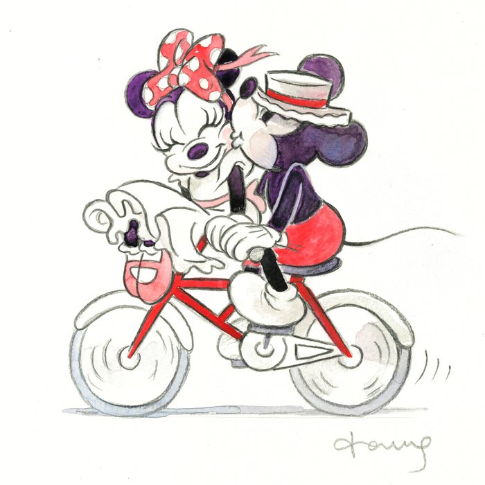 Tony Fernandez - Original Watercolor - Romantic Vintage Mickey  Minnie on Bicycle - Hand Signed