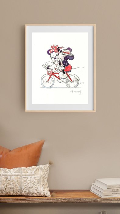 Tony Fernandez - Original Watercolor - Romantic Vintage Mickey  Minnie on Bicycle - Hand Signed