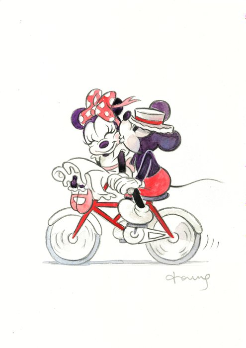 Tony Fernandez - Original Watercolor - Romantic Vintage Mickey  Minnie on Bicycle - Hand Signed