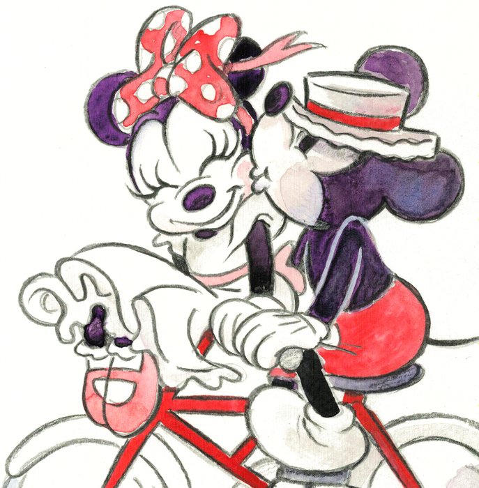 Tony Fernandez - Original Watercolor - Romantic Vintage Mickey  Minnie on Bicycle - Hand Signed