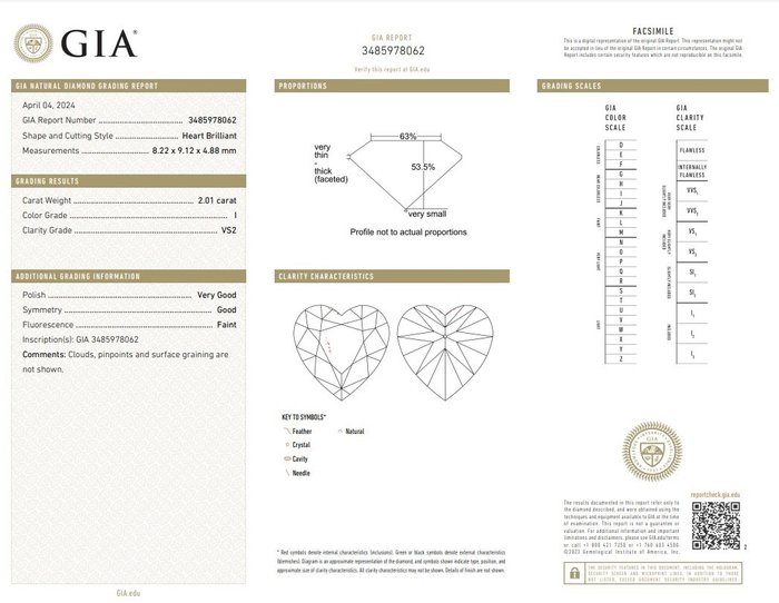 1 pcs Diamant  (Natur)  - 201 ct - Hjerte - I - VS2