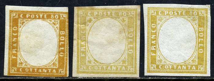 Antikke Italienske Stater - Sardinien 1855 - 80 cent uden billede, tre nuancer.  Naturstempel. Bolaffi N. 14B - Bolaffi 14B