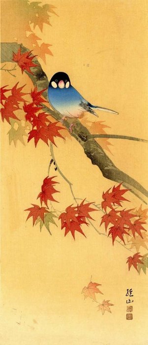 Originalt bloktryk Udgivet af Watanabe - Papir - Dyr - Itō Sōzan 伊藤総山 (b 1884 act 1919-26) - Momiji ni bunchō 紅葉に文鳥 (Java sparrow on maple leaves) - Japan - 1920'erne (Taishō)