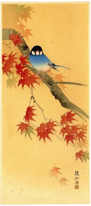 Originalt bloktryk Udgivet af Watanabe - Papir - Dyr - Itō Sōzan 伊藤総山 (b 1884 act 1919-26) - Momiji ni bunchō 紅葉に文鳥 (Java sparrow on maple leaves) - Japan - 1920'erne (Taishō)