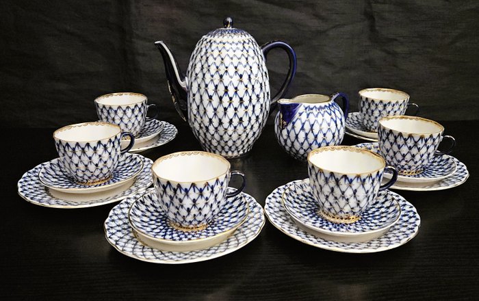 Lomonosov Imperial Porcelain Factory - Kaffesæt til 6 - Porcelæn - Kobolt Net