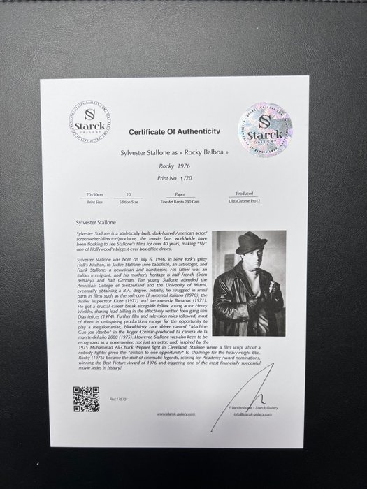 Rocky 1976 - Sylvester Stallone as « Rocky Balboa » - Fine Art Photography - Luxury Wooden Framed 70X50 cm - Limited Edition Nr 08 of 20 - Serial ID 17573 - Original Certificate (COA), Hologram Logo Editor and QR Code - 100% New items.