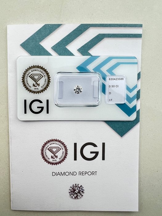 Ingen mindstepris - 1 pcs Diamant  (Natur)  - 0.50 ct - Rund - D (farveløs) - IF - International Gemological Institute (IGI)