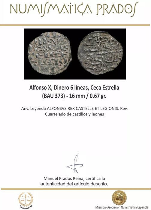 Kongeriget Castile. Alfonso X (1252- 1284). Dinero de 6 Líneas Ceca Estrella (BAU 373)  (Ingen mindstepris)