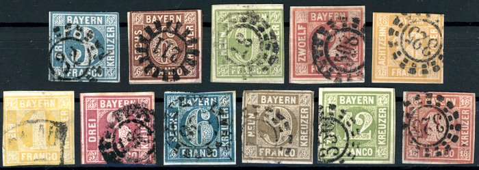 Bavaria 1850/1862 - Mi.Nr. 2, 4, 5, 6 og 7 samt fuldstændig, død udgave 1862 Michel Nr. 8 - 13