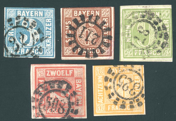 Bavaria 1850/1862 - Mi.Nr. 2, 4, 5, 6 og 7 samt fuldstændig, død udgave 1862 Michel Nr. 8 - 13