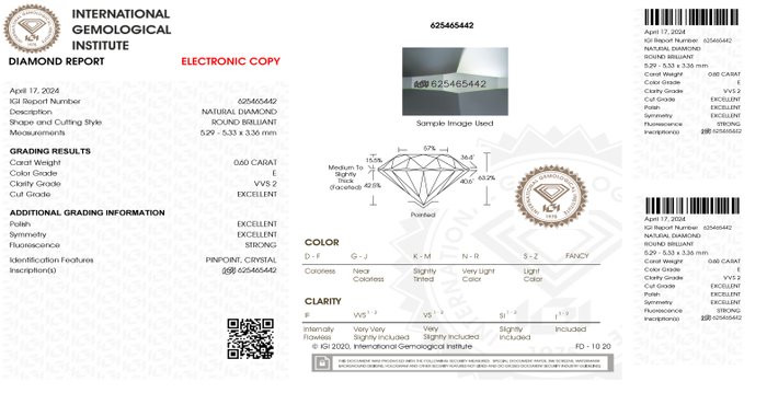 Ingen mindstepris - 1 pcs Diamant  (Natur)  - 060 ct - Rund - E - VVS2 - International Gemological Institute (IGI) - *3EX*