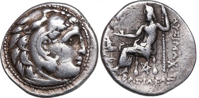 Grækenland (gamle), Ionia, Colophon. Lysimachos (323-281 f.Kr.). Drachm HERAKLES / Zeus, Löwe und PENTAGRAMM