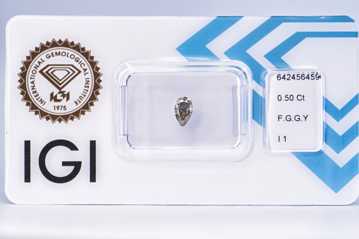 Ingen mindstepris - 1 pcs Diamant  (Naturfarvet)  - 0.50 ct - Pære - Fancy Grå, Grønlig Gul - I1 - International Gemological Institute (IGI)