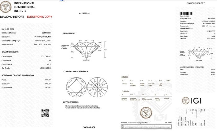 Ingen mindstepris - 1 pcs Diamant  (Natur)  - 0.72 ct - Rund - G - VS2 - International Gemological Institute (IGI)