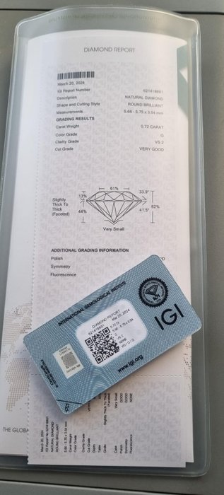 Ingen mindstepris - 1 pcs Diamant  (Natur)  - 0.72 ct - Rund - G - VS2 - International Gemological Institute (IGI)