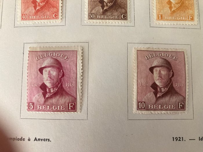 Belgien 1919 - Komplet serie Albert I 'Helm' med første klistermærke på albumsiden - OBP/OCB 165/178