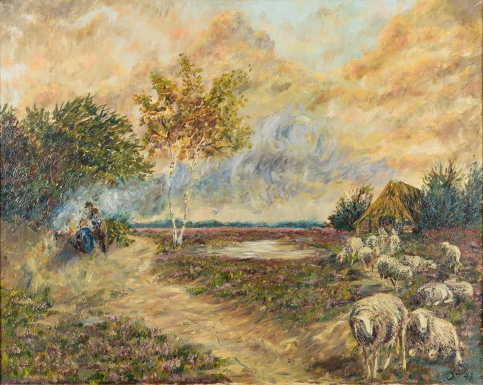 Arie Zuidersma (1925-2014) - Landschap met schapen Drentse heide