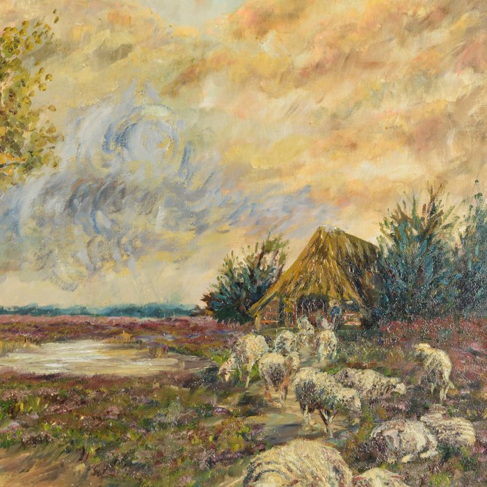 Arie Zuidersma (1925-2014) - Landschap met schapen Drentse heide