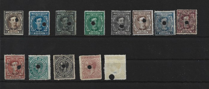 Spanien 1870/1899 - Colección casi completa de sellos españa con taladro - EDIFIL 102t/228t