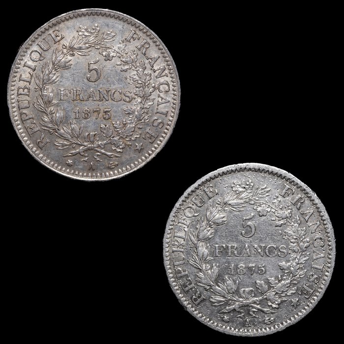 Frankrig. Third Republic (1870-1940). 5 Francs 1873-A y 1875-A (2 monedas)  (Ingen mindstepris)