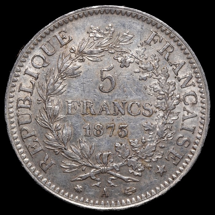 Frankrig. Third Republic (1870-1940). 5 Francs 1873-A y 1875-A (2 monedas)  (Ingen mindstepris)