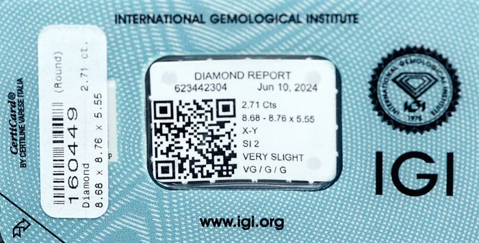 1 pcs Diamant  (Naturfarvet)  - 2.71 ct - Light Grålig Gul - SI2 - International Gemological Institute (IGI)