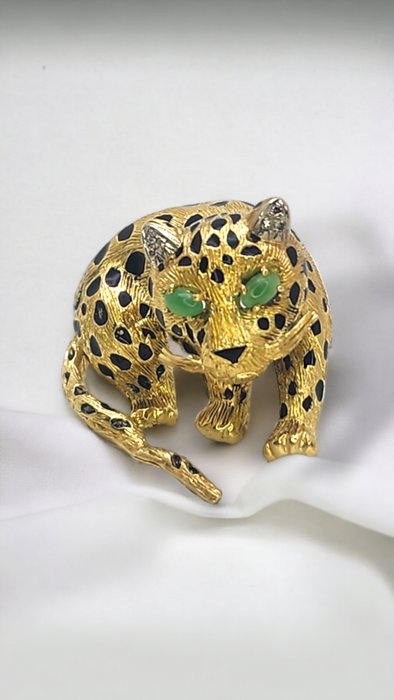 Broche - 18 kraat Gulguld, 18 karat gult guld og diamant leopardbroche 21 gram