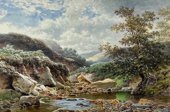 English school (XlX) - A river landscape with grazing sheep