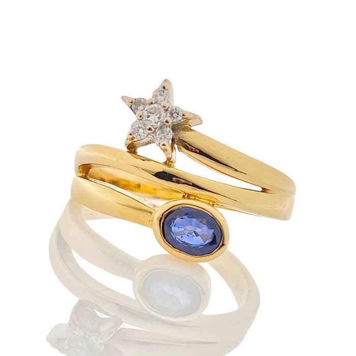 Ring - 18 kraat Gulguld -  035ct tw Safir - Diamant - Safir diamantring