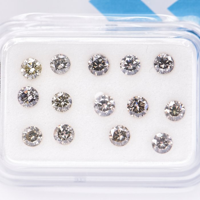 Ingen mindstepris - 14 pcs Diamant  (Naturfarvet)  - 1.02 ct - Rund - Fancy Brunlig Grå - I1 - International Gemological Institute (IGI)