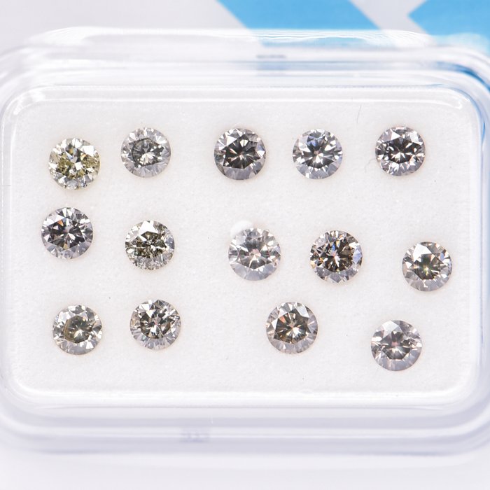 Ingen mindstepris - 14 pcs Diamant  (Naturfarvet)  - 1.02 ct - Rund - Fancy Brunlig Grå - I1 - International Gemological Institute (IGI)